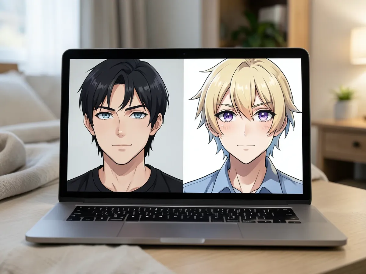 Kõrvuti võrdlus portreefotost ja selle AI loodud anime versioonist, mis näitab stiliseeritud silmi, silutud nahatoone ja dünaamilisi juuste esiletõsteid cel-shaded anime stiilis