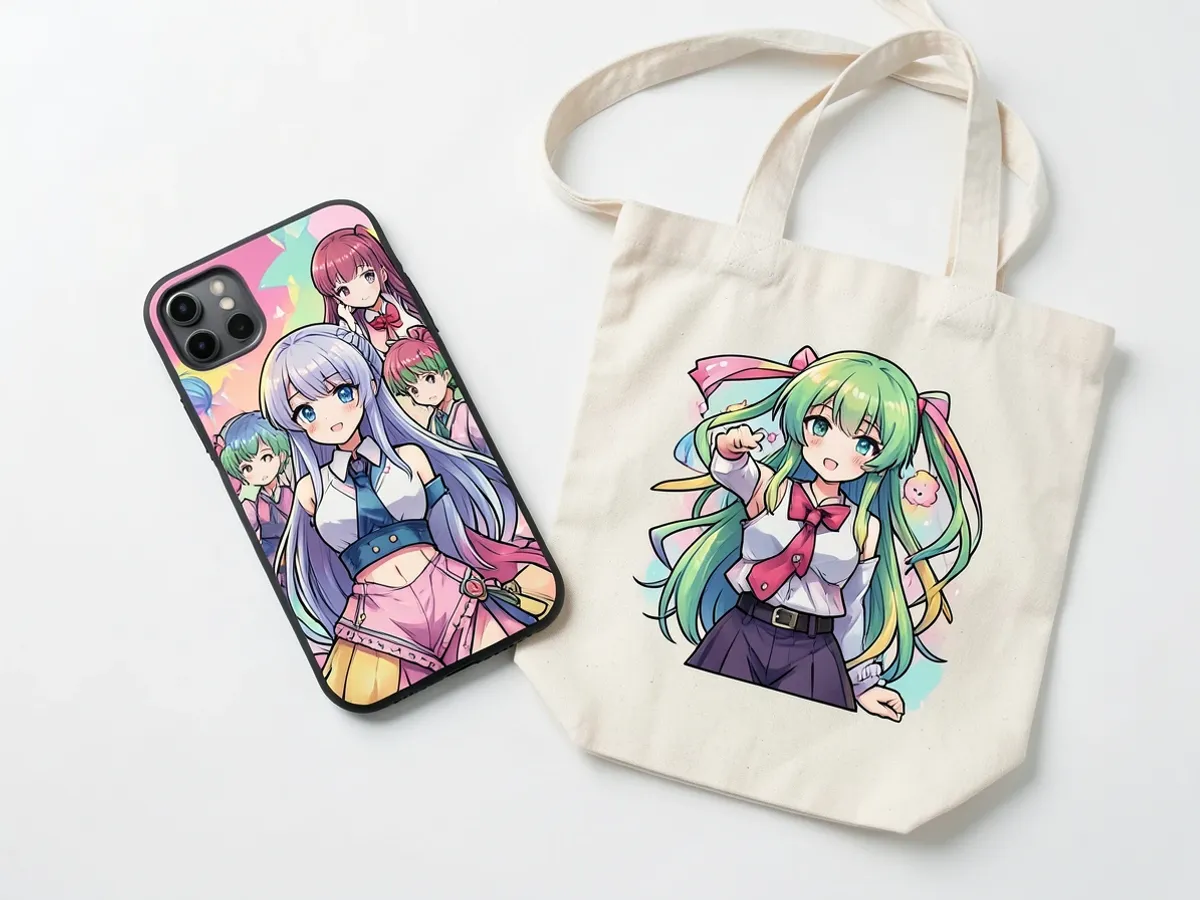 Anime tegelase illustratsioon rakendatud kaubanduse makettidele, sealhulgas telefonikorpus ja kotikott, näidates puhast printimiskvaliteeti erksate cel-shaded värvide ja teravate servadega
