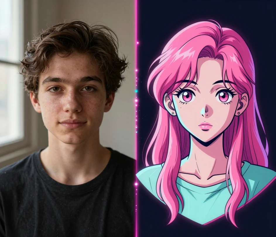 A portrait photo and its anime avatar version side by side, showing preserved facial structure redrawn with clean linework and cel shading