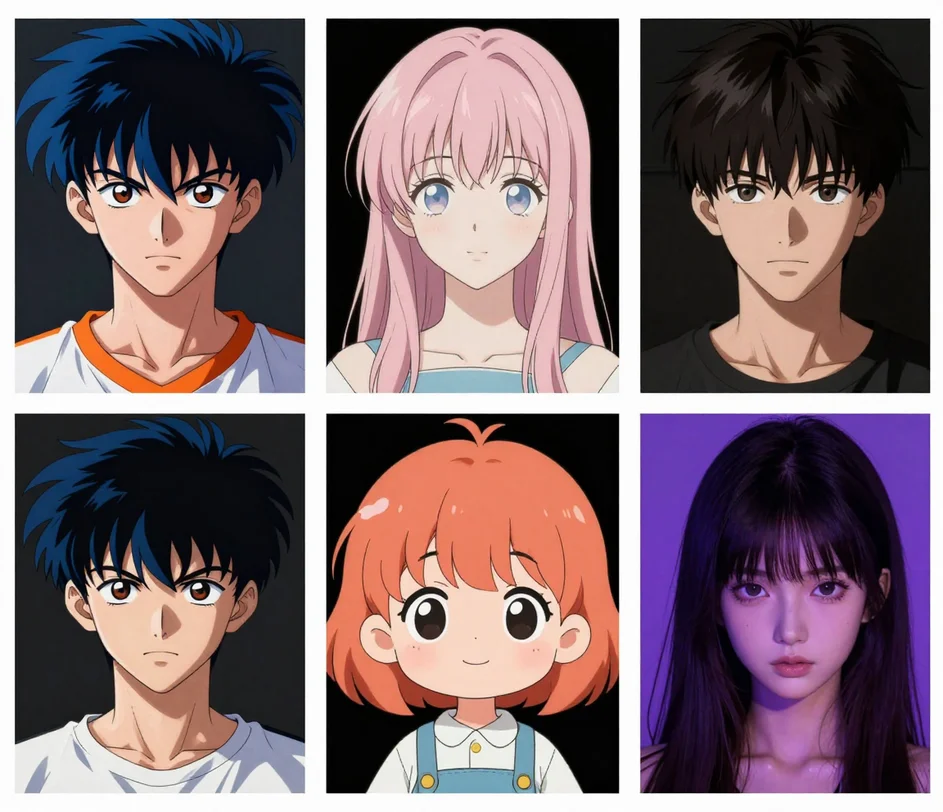 Four anime avatar variations of one person in different art styles, from soft pastel shading to high-contrast manga tones, arranged in a row
