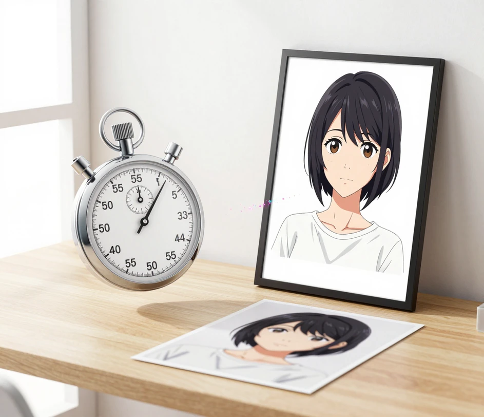 A generation timer beside a finished anime avatar, showing a completed cel-shaded portrait delivered in under ten seconds