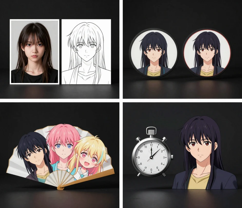 Three panels showing an anime avatar tool workflow: a portrait upload, automatic anime style transfer with cel shading, and a finished avatar exported at 3K resolution