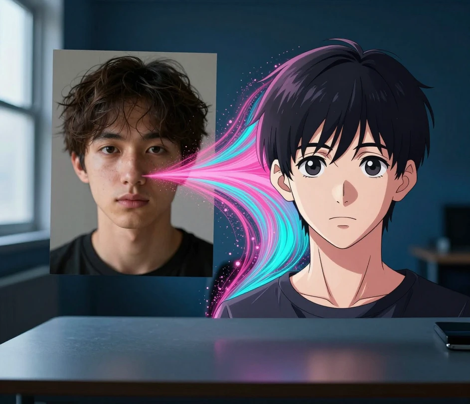 A portrait photo dissolving into an anime avatar with clean linework and cel shading, mid-transformation with color particles bridging the two versions