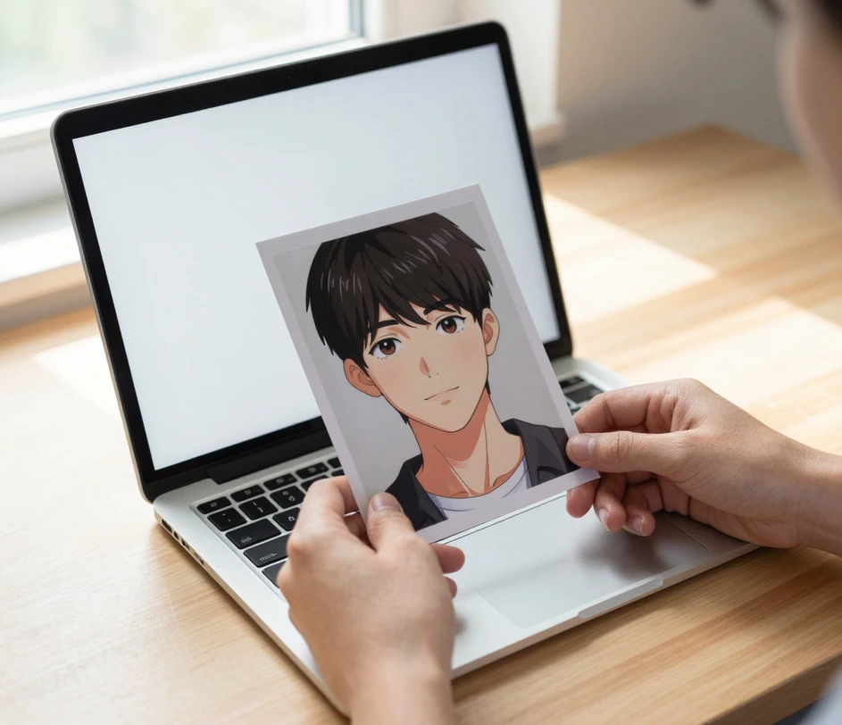 A cursor uploading a portrait photo into an anime avatar maker window, with a text field for describing avatar details below