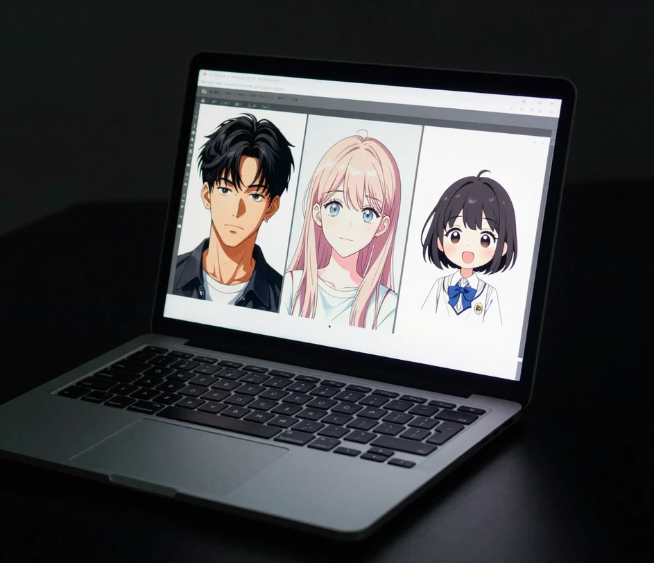 An anime style picker showing preview thumbnails of cel-shaded, pastel, and manga-toned avatar renderings of the same face