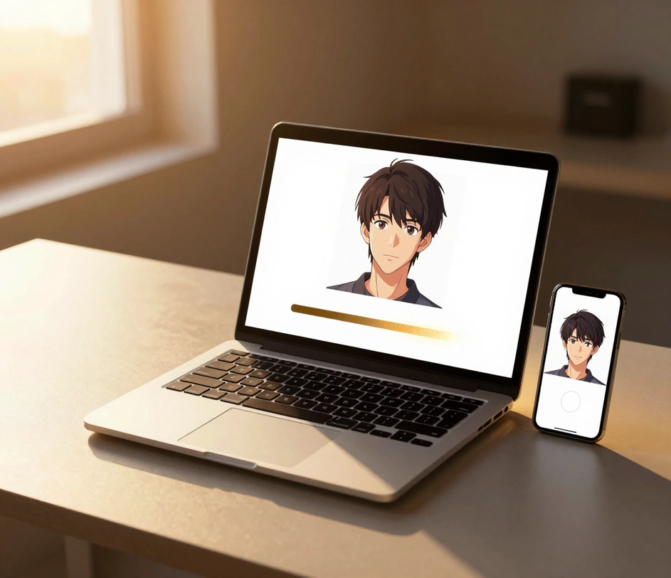 A finished anime avatar being downloaded as a PNG file, displayed beside circular profile picture previews for three platforms