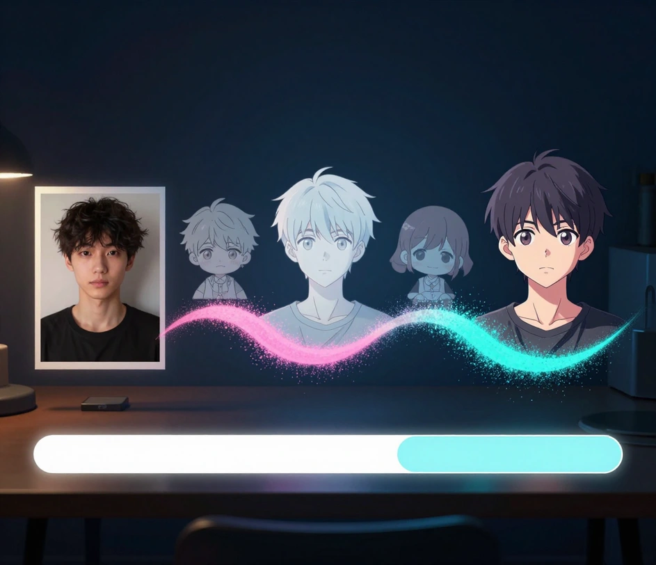 A three-step visual guide: upload a portrait, describe the avatar style, and download the finished anime avatar