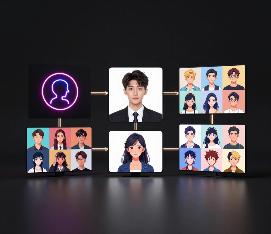 A grid of avatar styles generated from the same portrait — anime, cartoon, gaming, and pixel art — with consistent facial recognition across styles