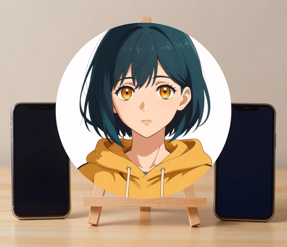 The same anime avatar print with razor-sharp linework and macro hair and fabric detail on a spotlighted easel, illustrating the Master tier's print-ready up to 3072px output