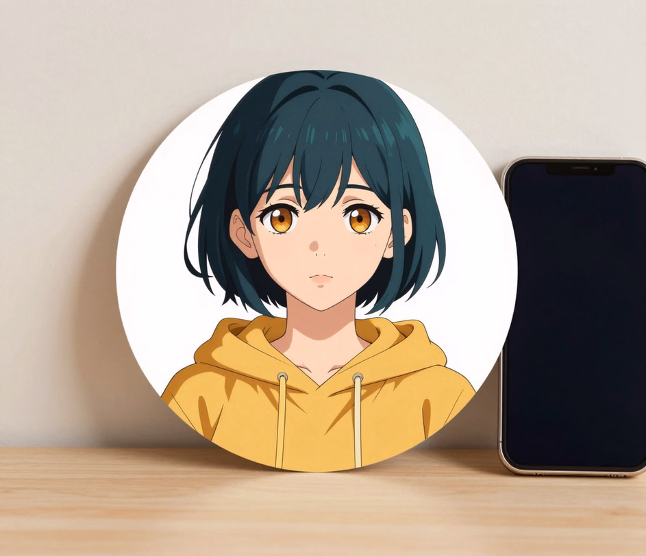 The same anime avatar print with sharper line edges and richer cel-shading gradients, illustrating the Pro tier's selectable 1024px or 2048px output