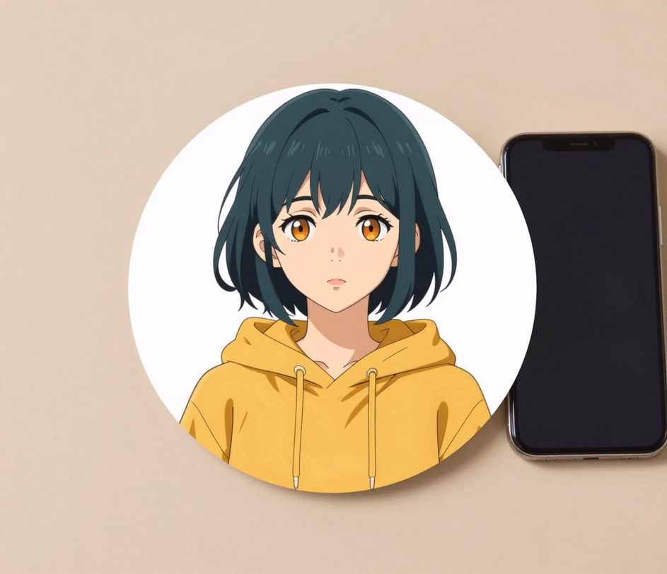 A circular anime avatar print of a teal-haired young woman in a mustard hoodie with clean cel shading and simpler gradients, illustrating the Standard tier's up to 2048px output for 18 credits