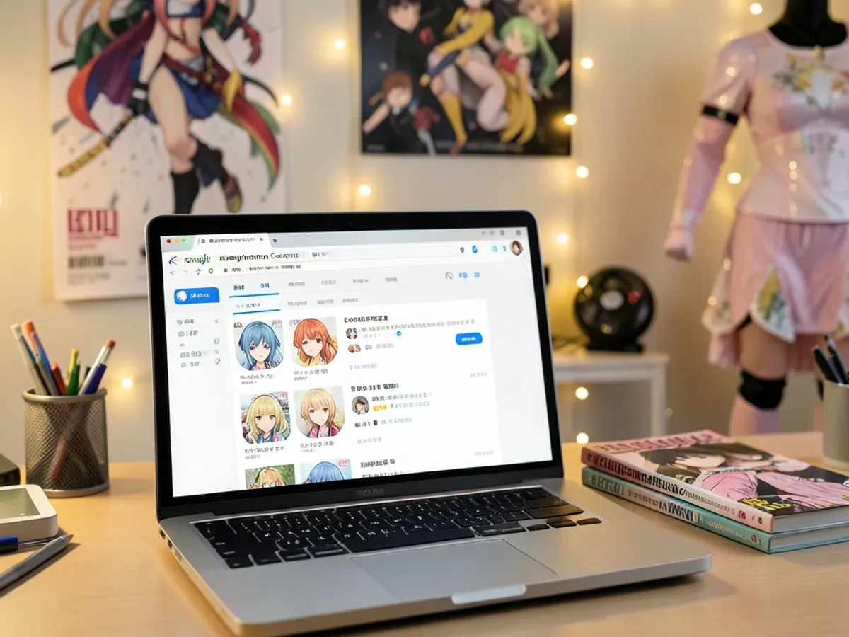 Disinn ta' karattru anime korp komplet għal profili ta' komunitajiet tal-fans u konvenzjonijiet