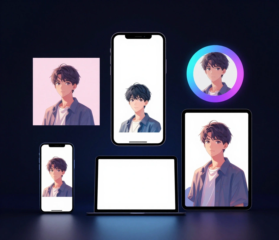 One anime avatar displayed across four platform profile frames — Discord, Twitch, Steam, and a social media profile — in a consistent cel-shaded style