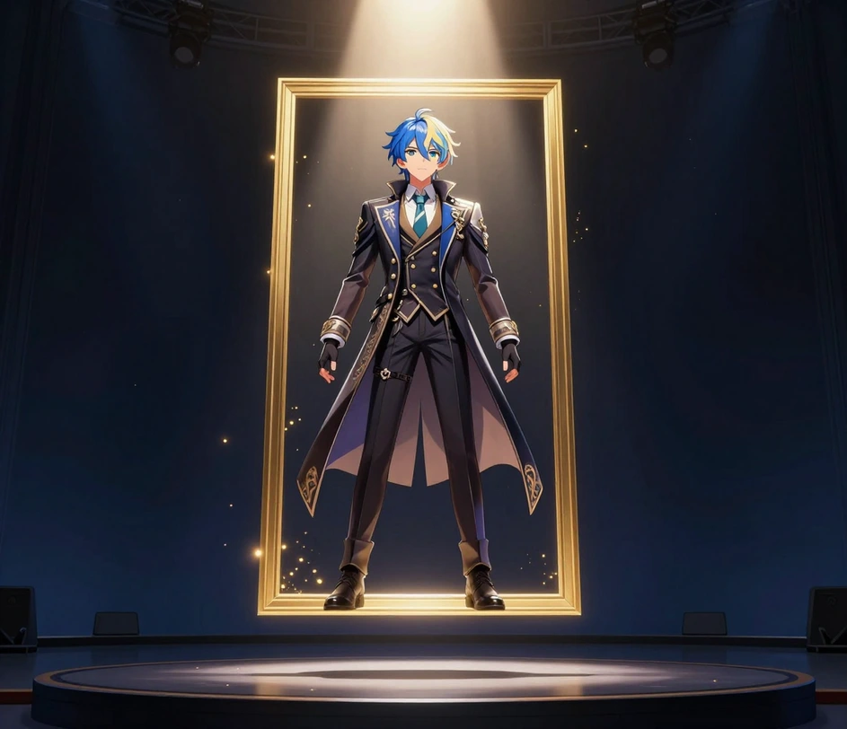 A finished full-body anime character standing in a confident hero pose under a spotlight inside an elegant floating frame