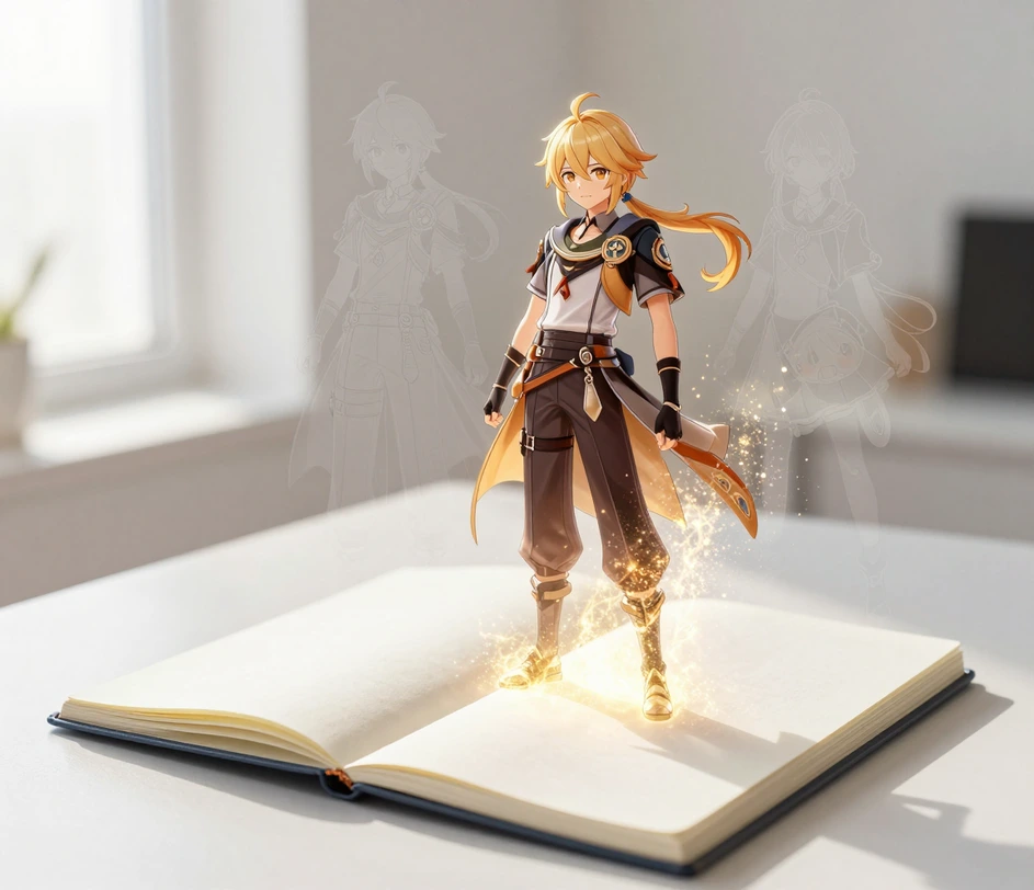 A stream of golden light particles rises from an open blank sketchbook and materializes into a nearly finished anime character, with translucent alternate design silhouettes hovering nearby