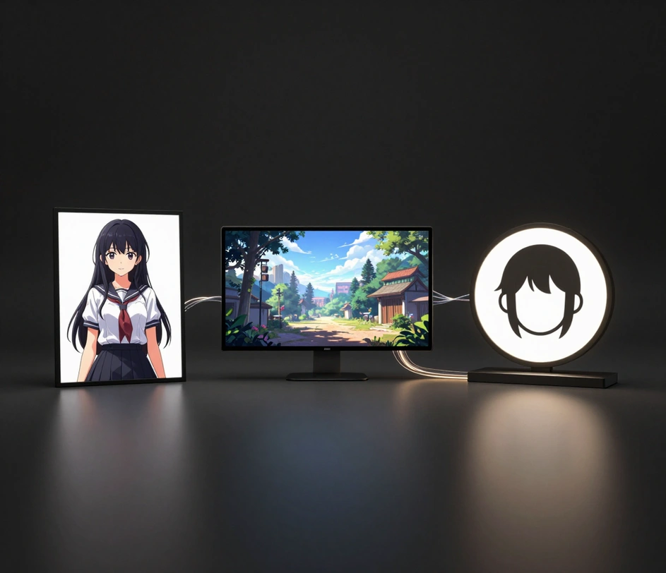 Three gallery modules of related anime tools connected by glowing light lines: a character portrait, a scene artwork, and an avatar icon