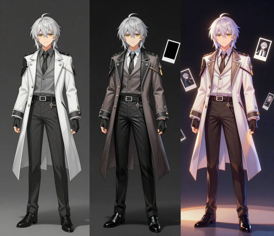 The same anime character rendered at three ascending quality tiers, with brightness and detail increasing from left to right