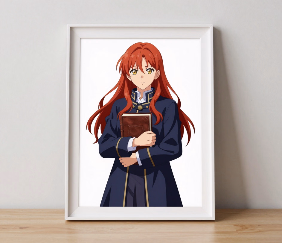 A framed pixiv-style illustration of a crimson-haired scholar girl holding a book with draft-clean rendering, illustrating the Standard tier's text-to-image drafts at up to 3072px