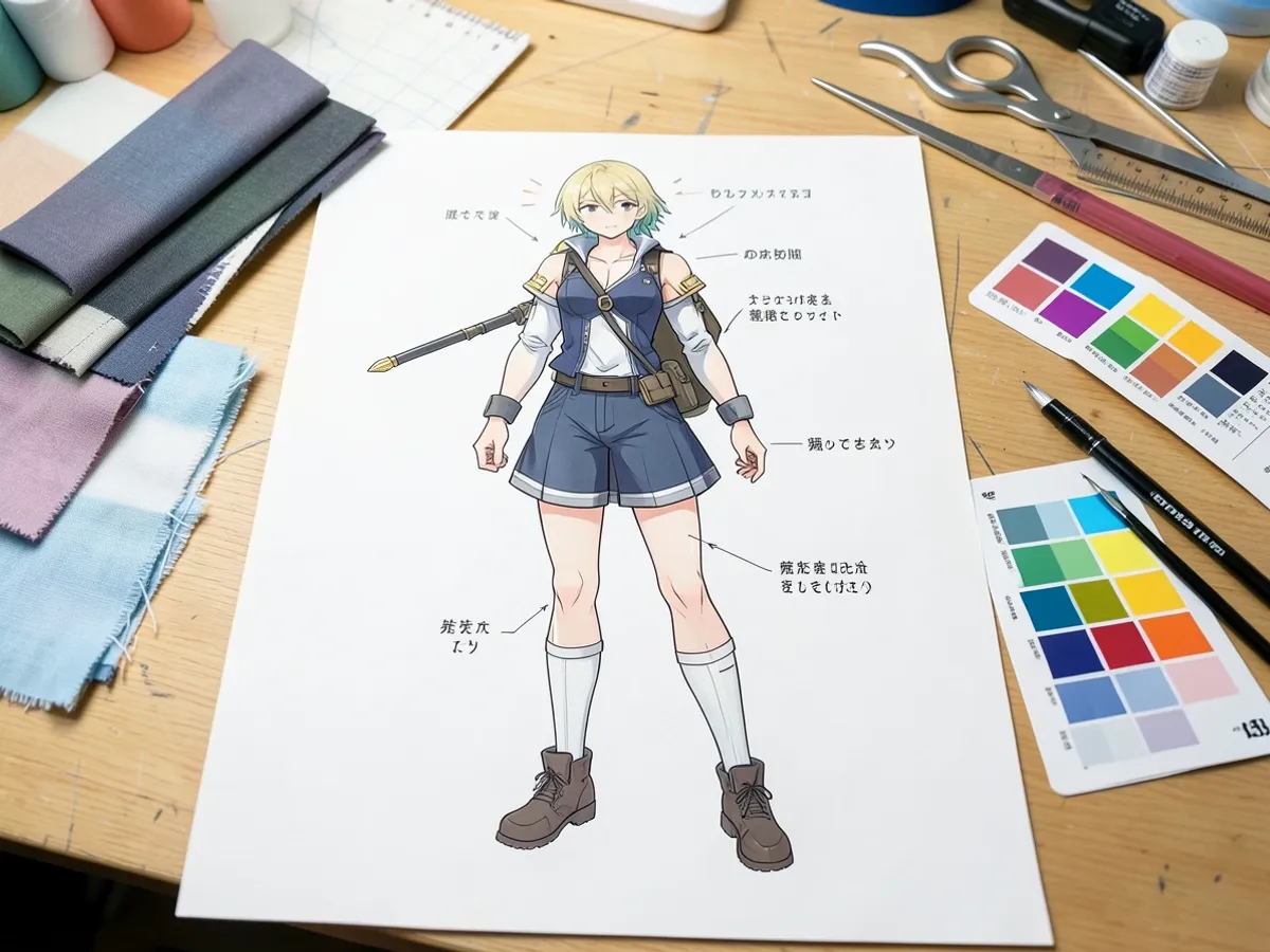 Λεπτομερής σχεδιασμός χαρακτήρα anime που δείχνει μια άποψη ολόκληρου σώματος με λεπτομέρειες κοστουμιού, τοποθέτηση αξεσουάρ και χρωματικές ενδείξεις, αποδοσμένες σε ένα καθαρό στυλ anime για χρήση ως αναφορά cosplay