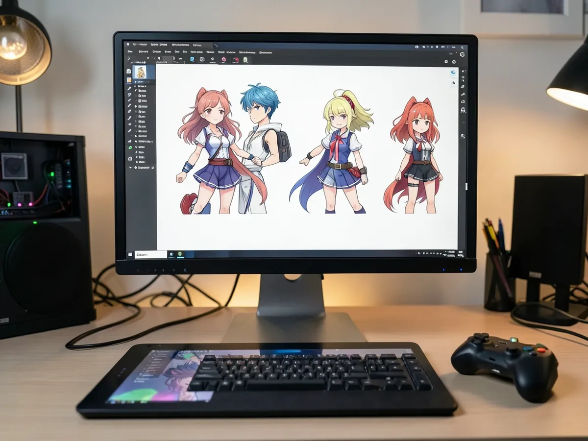 Σειρά χαρακτήρων anime που δημιουργήθηκαν από AI, με τέσσερις διακριτικούς σχεδιασμούς χαρακτήρων με ποικίλα χτενίσματα, ρούχα και πόζες, αποδοσμένες σε ένα συνεπές στυλ anime με cel-shaded σε ανάλυση 2048 pixel