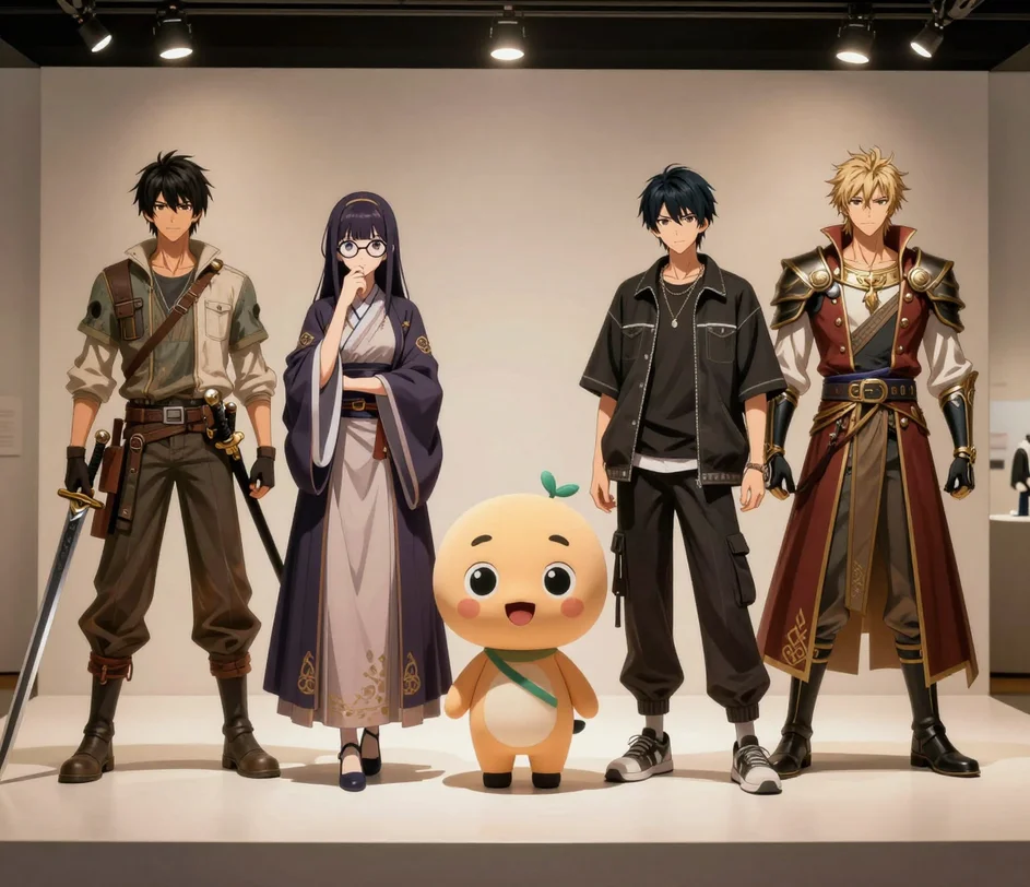 Five diverse original anime characters standing side by side on an exhibition stage with unified rendering and consistent proportions