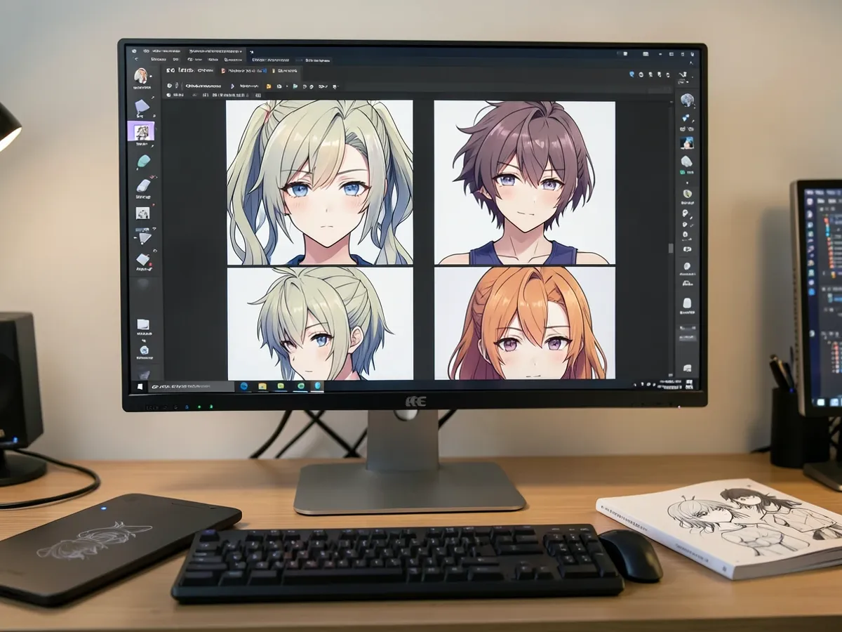 Raster van anime karakterportretten gegenereerd van referentiefoto's met consistente cel-shaded stijl over verschillende gezichtskenmerken, uitdrukkingen en haarstijlen