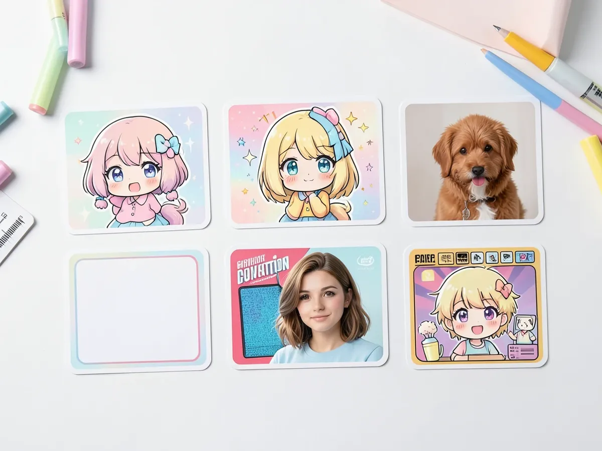 Collectie van anime-stijl stickerontwerpen gegenereerd van huisdier- en portretfoto's met vijf verschillende stijl presets inclusief pastel, chibi en retro 90s anime esthetiek