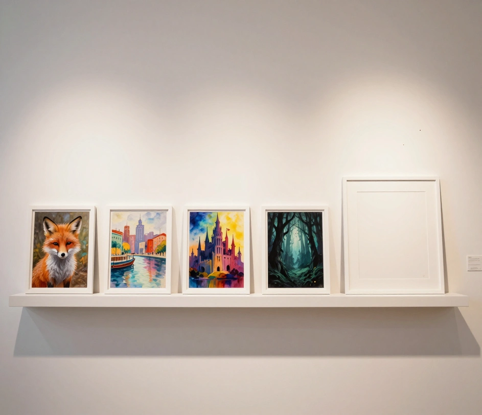 A bright studio shelf displaying a row of finished AI-generated artworks in seven different styles, from watercolor to horror, with a blank frame waiting at the end of the row