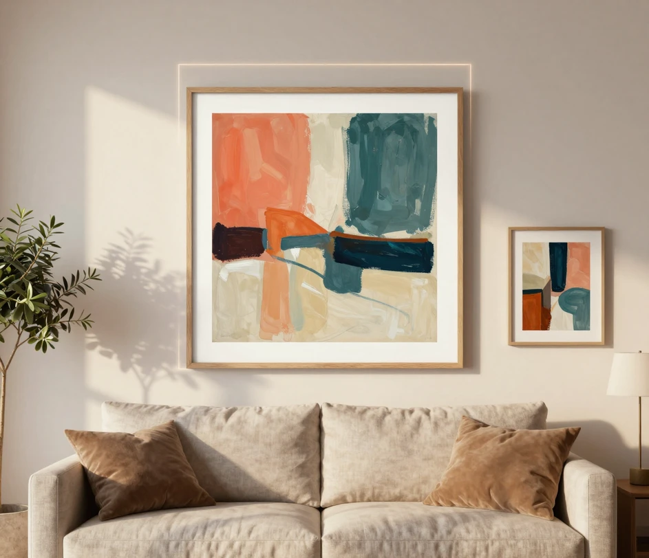 Et stort indrammet abstrakt print over en sofa med et opløsningsoverlay på 4096 px, ved siden af et mindre indrammet print mærket 2048 px, begge med skarpe kanter i printskala
