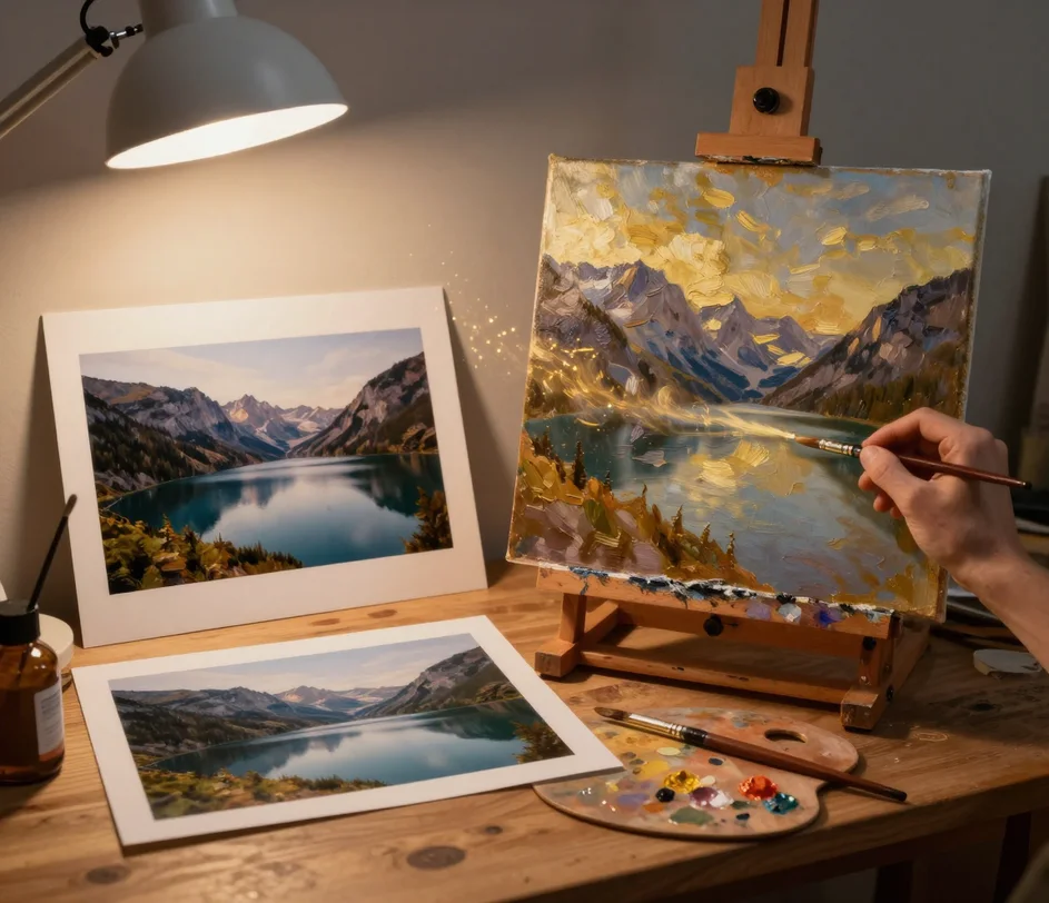A studio desk where a printed photograph rests beside its transformed version as a textured oil-painting-style artwork with visible brushstrokes, with a stylus hand-finishing the canvas edge under warm lamp light