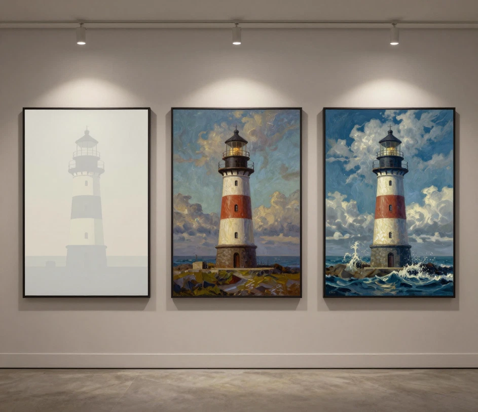 Three framed artworks displayed side by side on a gallery wall, progressing from a simple digital portrait to a richly textured oil study to a high-detail panoramic print, each labeled with ascending quality marks