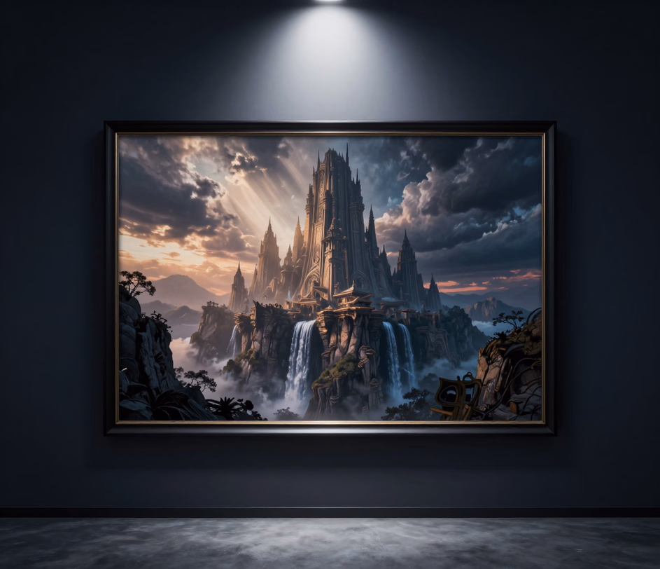 A print-ready 4K concept-art mountain citadel with dramatic lighting and intricate architectural detail, illustrating the Master tier's gallery-grade output