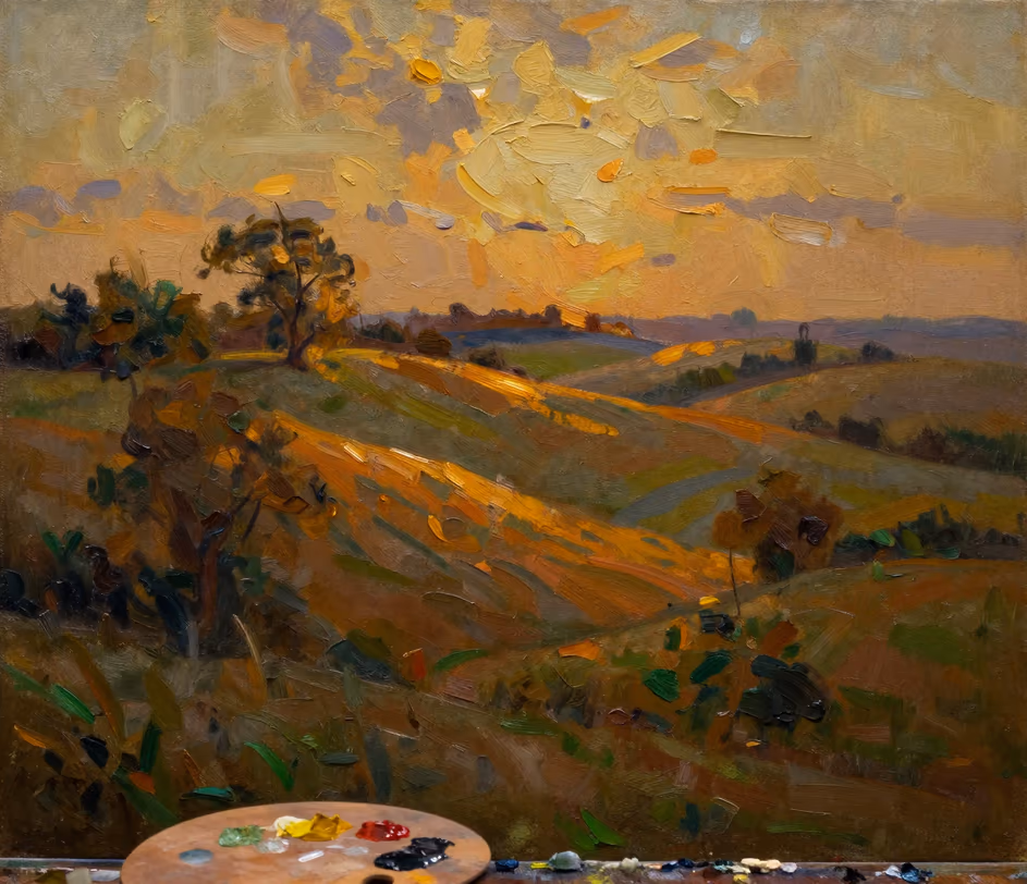 An oil-painting-style landscape with visible brushstrokes, layered glazing, and rich color depth, illustrating the Pro tier's texture-first rendering