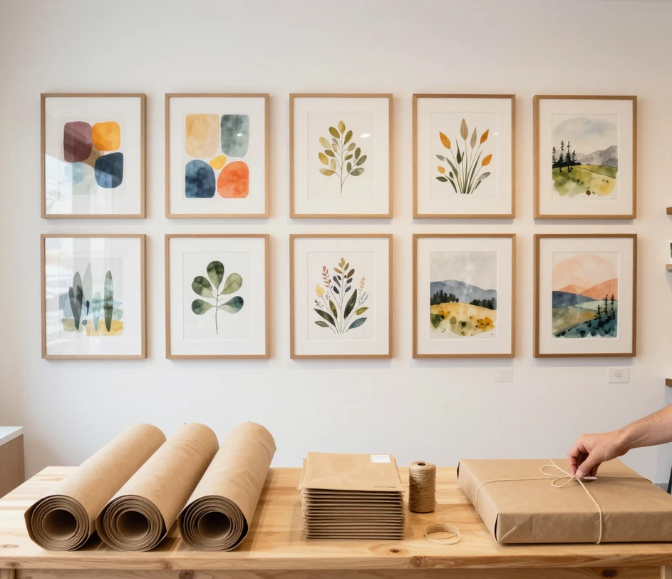 A print shop wall displaying nine framed artworks in coordinated abstract and watercolor styles, with a packing station in the foreground preparing rolled canvas prints for shipping