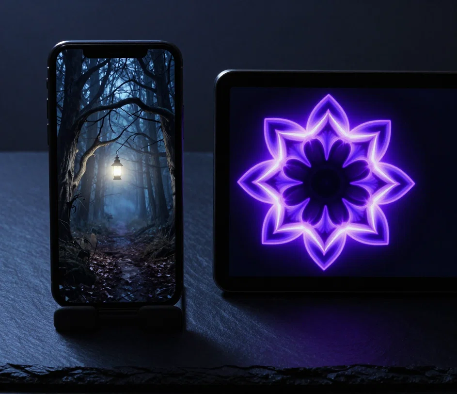 A phone screen showing a vertical 9:16 horror-style artwork next to a tablet displaying a square 1:1 digital art piece, both ready to post to social feeds