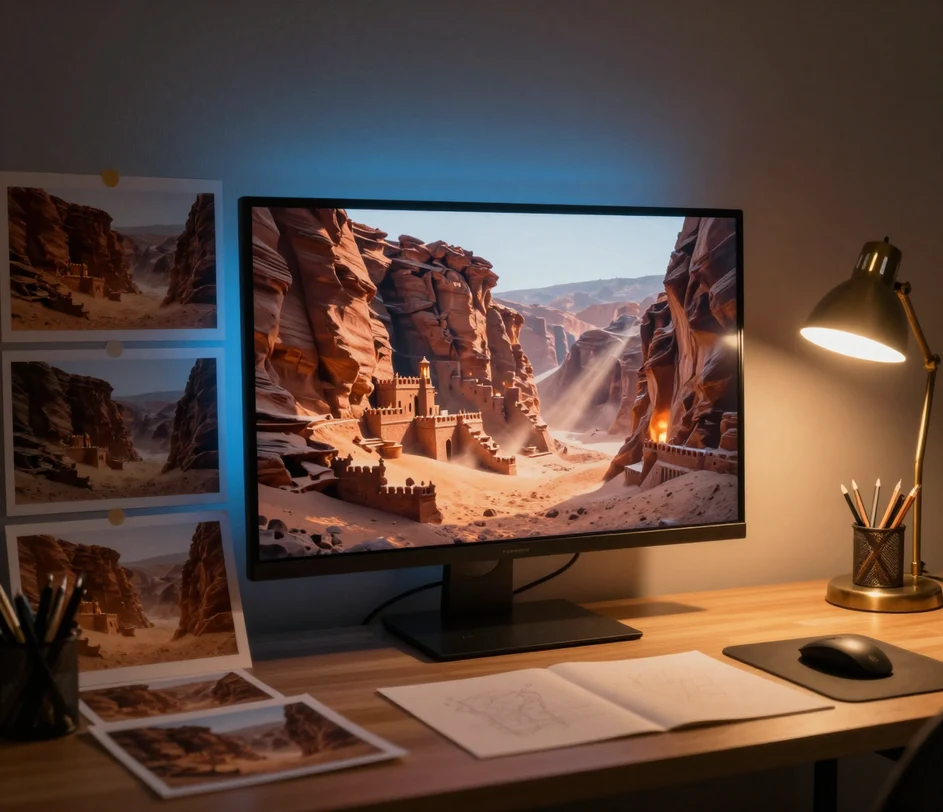 A game designer's desk at night with a display board showing a cinematic concept-art desert fortress, surrounded by taped reference photos of canyon rock formations in the same amber palette, lit by a warm desk lamp against cool blue rim light