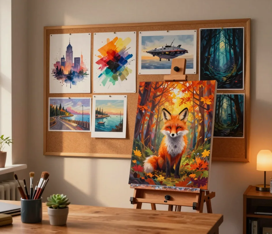A standing wooden easel holding a vivid digital artwork of a fox in an autumn forest, with a corkboard wall behind displaying pinned artworks in five different styles and a warm accent lamp in the corner