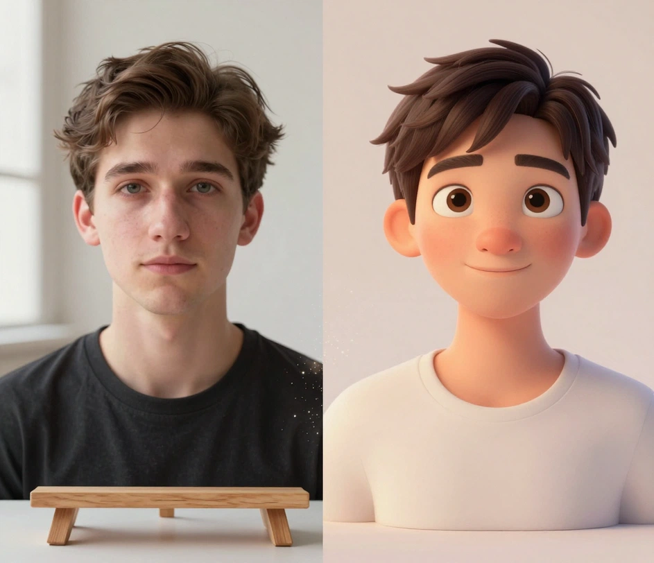 Ein Porträtfoto und seine 3D-Avatar-Version Seite an Seite, mit bewahrter Gesichtsstruktur, neu gerendert mit weichen gerundeten Zügen und räumlicher Schattierung