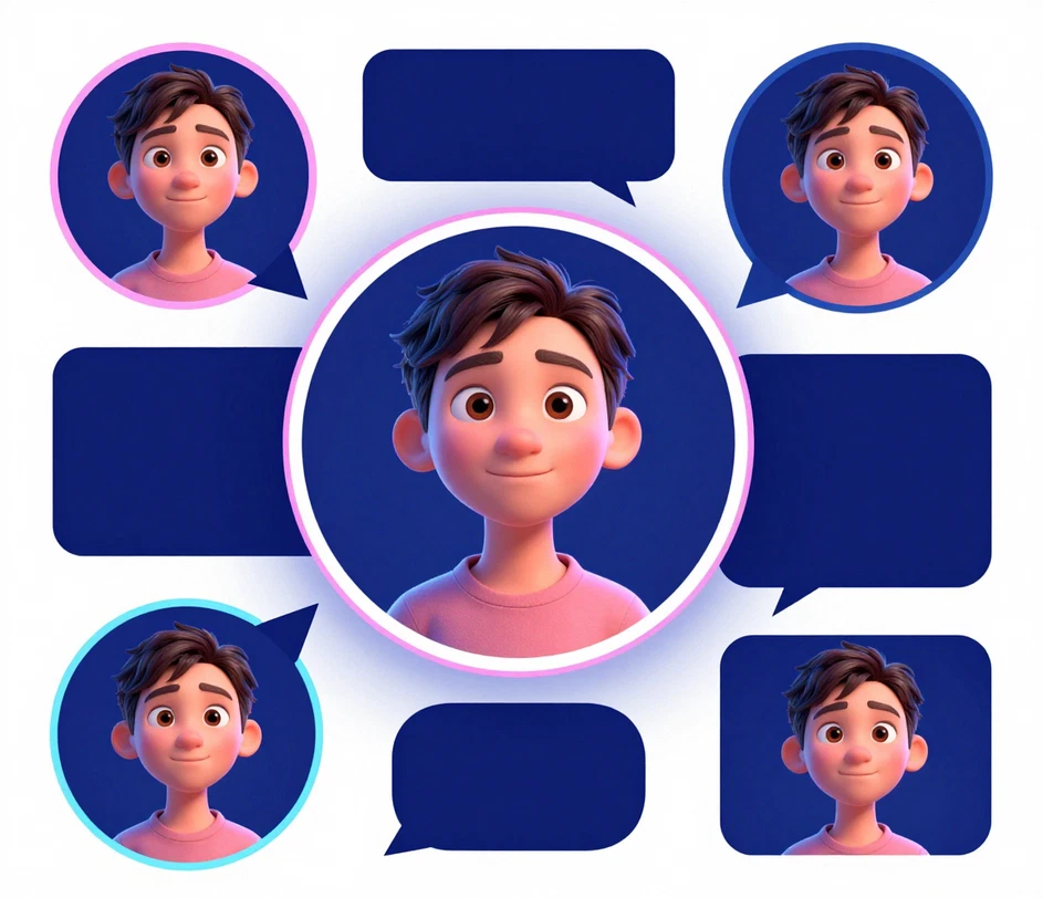 Derselbe 3D-Avatar in voller Größe und als kleiner kreisförmiger Profil-Vorschaubild, die Gesichtszüge bleiben bei 64 Pixeln erkennbar
