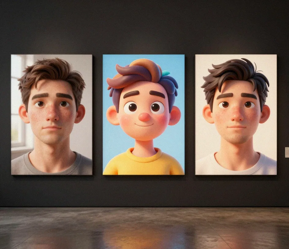 Vier 3D-Avatar-Varianten einer Person in verschiedenen Rendering-Stilen, von glänzend realistischer Haut bis zu stilisierter Cartoon-Schattierung, in einer Reihe angeordnet