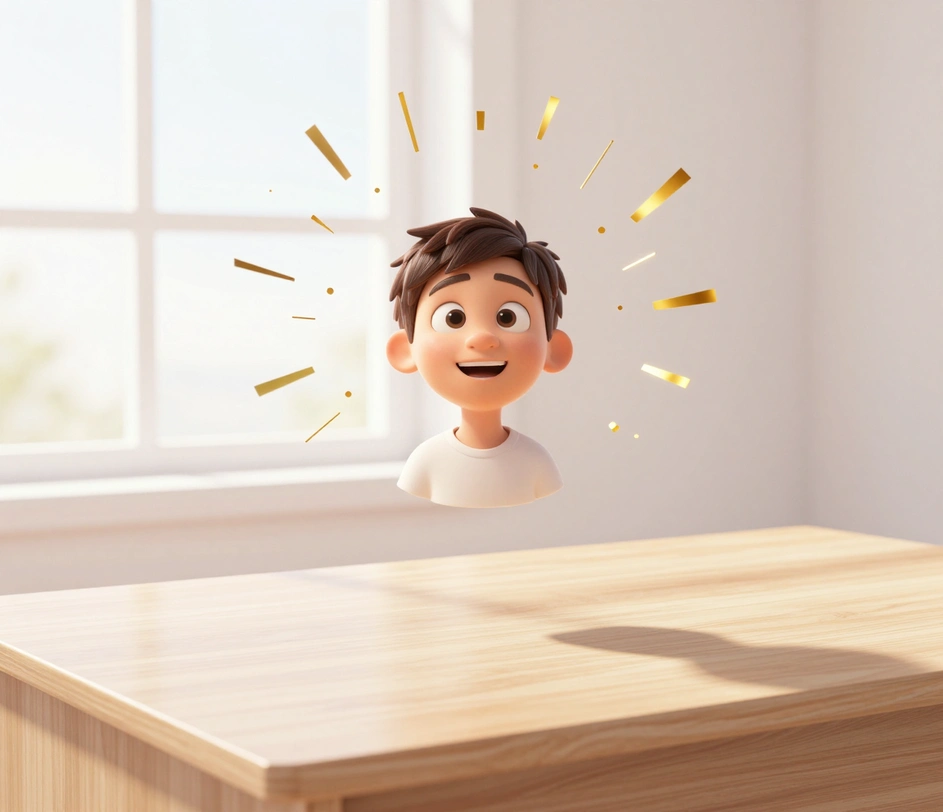 Ein fertiger 3D-Avatar mit einem feierlichen Ausbruch goldener Funken, der ein weiches Charakterporträt zeigt, das in Sekunden ohne Modellierungssoftware geliefert wird