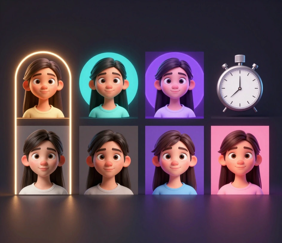 Eine Galerie von 3D-Avatar-Varianten desselben Charakters in verschiedenen Rahmen und Hintergrundfarben, mit weichem Studiolicht in jedem Stil