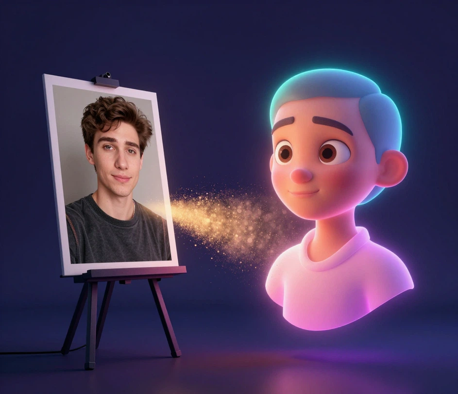 Portrétní fotka vlevo se proměňuje v hladký 3D avatar ve stylu Pixar vpravo, obě verze propojuje měkké studiové osvětlení a zaoblené rysy obličeje