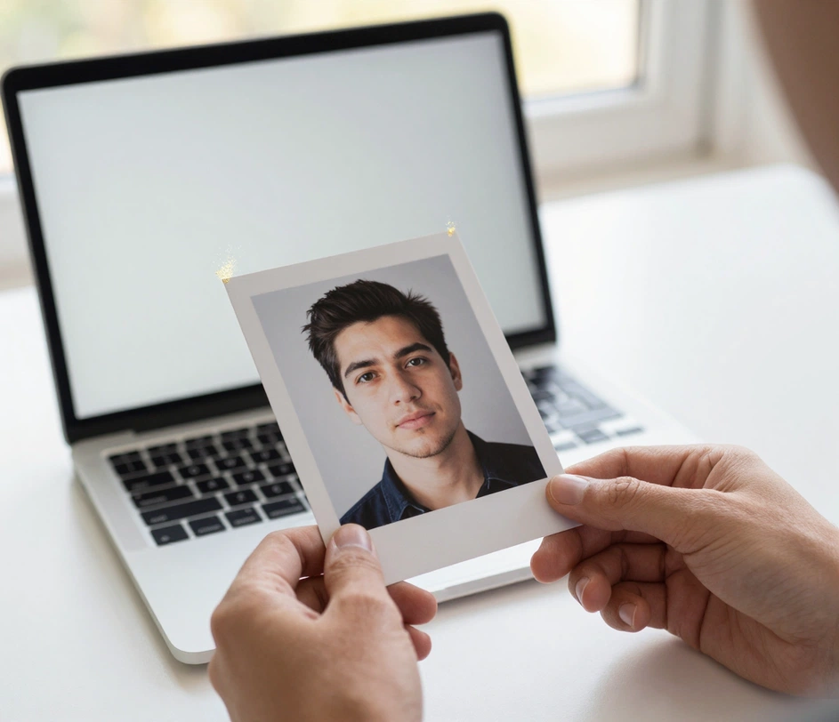 Hände halten ein gedrucktes Porträtfoto zu einem Laptop mit weich leuchtendem Bildschirm, der erste Upload-Schritt eines 3D-Avatar-Erstellers