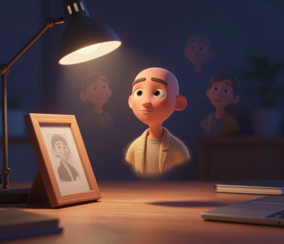 Ein Foto in einem Holzrahmen auf dem Schreibtisch, während sich darüber ein 3D-Avatar aus goldenen Partikeln formt, der beschriebene Stil nimmt in Echtzeit Gestalt an