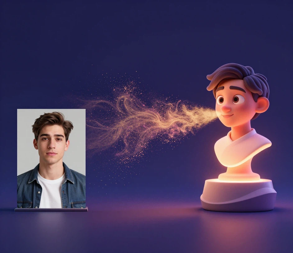 Ein visueller Leitfaden in drei Schritten: Porträt hochladen, den 3D-Avatar-Stil beschreiben und die fertige 3D-Avatar-Datei herunterladen