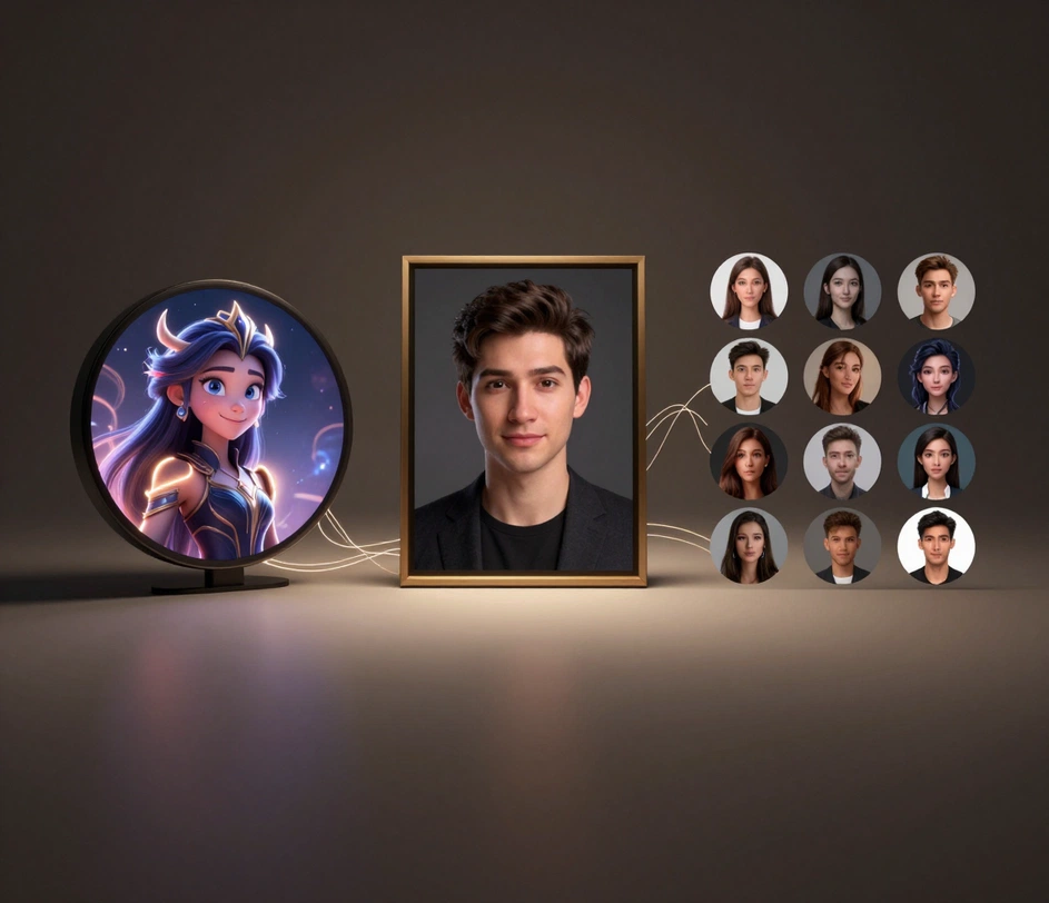 Ein Raster von Avatar-Stilen, generiert aus demselben Porträt — 3D-Render, Fantasy, professionelles Headshot und Profilbild — mit konsistenter Gesichtserkennung über alle Stile