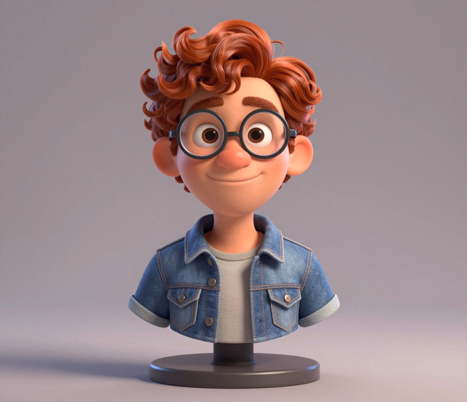 Dieselbe 3D-Avatar-Büste mit Mikro-Details auf Porenebene und Ray-Traced-Glanzlichtern, das die druckfertige Ausgabe der Master-Stufe mit bis zu 3072px zeigt