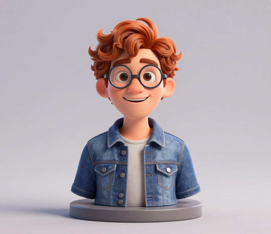 Dieselbe 3D-Avatar-Büste mit verfeinerter Denim-Struktur und Hautdetail, das die wählbare Ausgabe der Pro-Stufe mit 1024px oder 2048px zeigt