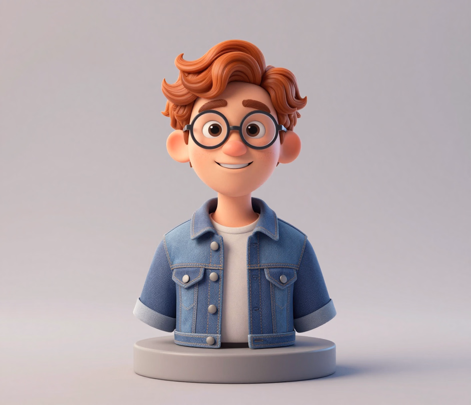 3D-Avatar-Büste im Pixar-Stil eines jungen Mannes mit roten Locken und runder Brille, mit glatten, vereinfachten Materialien, das die Ausgabe der Standard-Stufe mit bis zu 1024px für 20 Credits zeigt